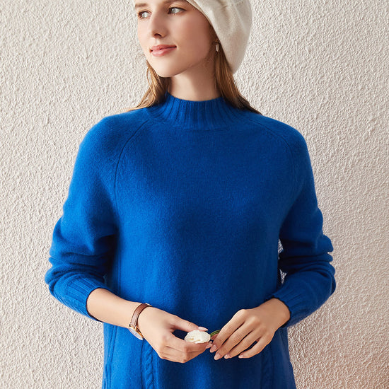 COMOBOCA BLUE 100% Cashmere Women's Mock Neck Knit Sweater