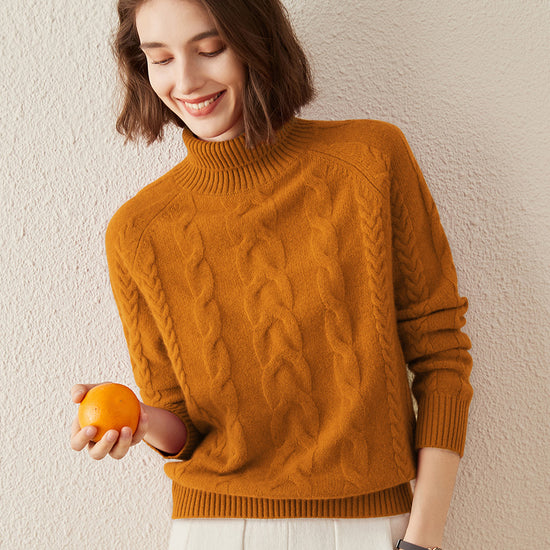 COMOBOCA 100% Cashmere Women's Turtleneck Cable Knit Sweater