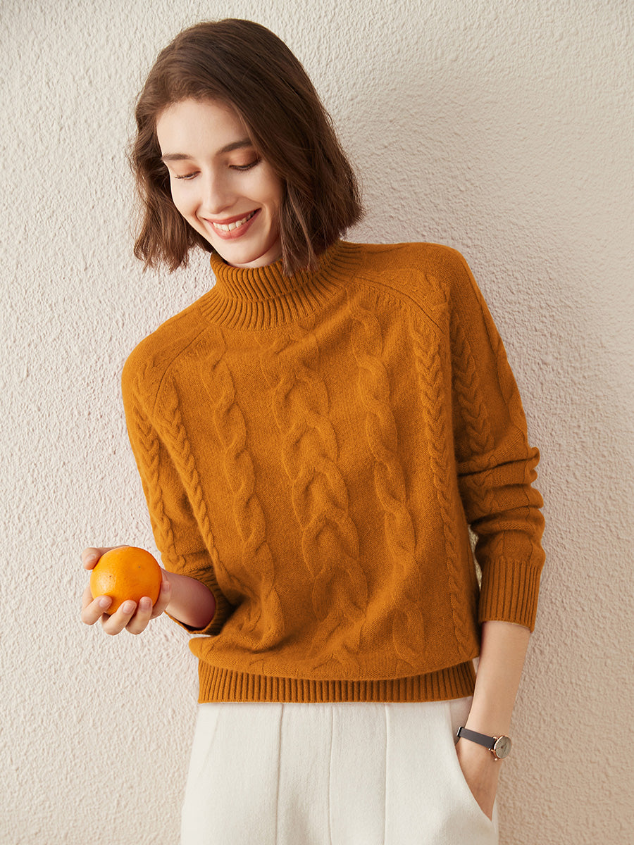 COMOBOCA 100% Cashmere Women's Turtleneck Cable Knit Sweater