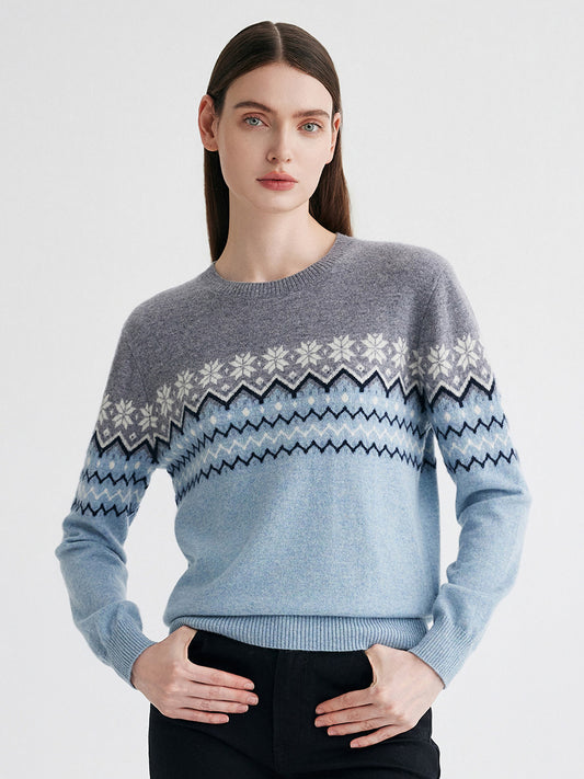 COMOBOCA Light Blue 100% Cashmere Women's Fair Isle Round Neck Knit Sweater