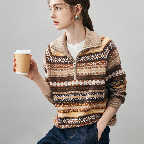 COMOBOCA 100% Cashmere Women's Fair Isle Half Zip Sweater