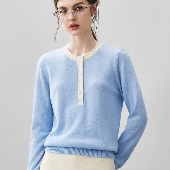 COMOBOCA Light Blue 100% Cashmere Women's Contrast Trim Button Front Sweater