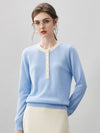COMOBOCA Light Blue 100% Cashmere Women's Contrast Trim Button Front Sweater