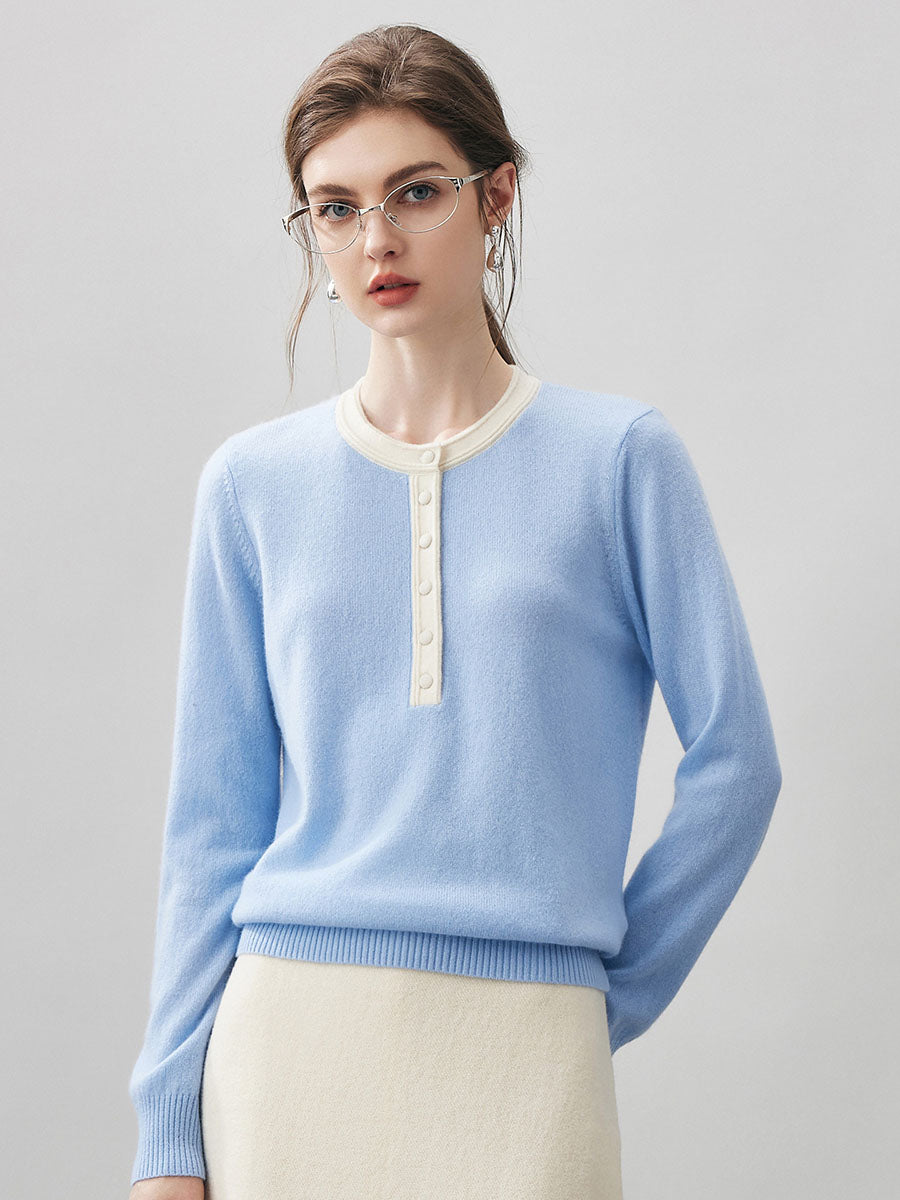 COMOBOCA Light Blue 100% Cashmere Women's Contrast Trim Button Front Sweater