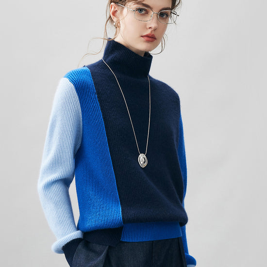 COMOBOCA 100% Cashmere Women's Color Block Turtleneck Sweater