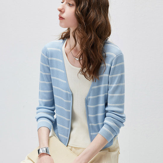 COMOBOCA Women's Striped Ribbed Knit Faux 2-in-1 Zip Cardigan