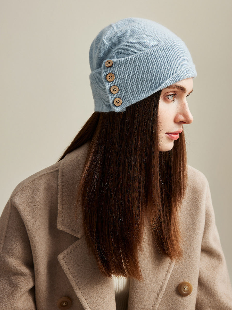 COMOBOCA 100% Cashmere Women's Button Decorated Knit Beanie
