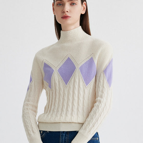 COMOBOCA 100% Cashmere Women's Argyle Cable Turtleneck Knit Sweater