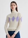 COMOBOCA 100% Cashmere Women's Argyle Cable Turtleneck Knit Sweater