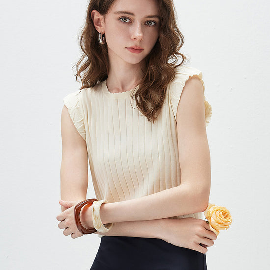 COMOBOCA Women's Ruffled Cap Sleeve Ribbed Knit Blouse