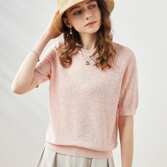 COMOBOCA Women's Cotton Silk Versatile Floral Lace Knit T-Shirt