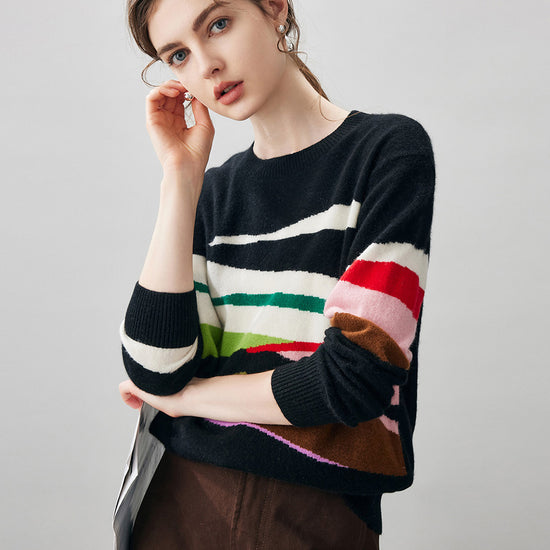 COMOBOCA 100% Cashmere Women's Abstract Pattern Round Neck Sweater