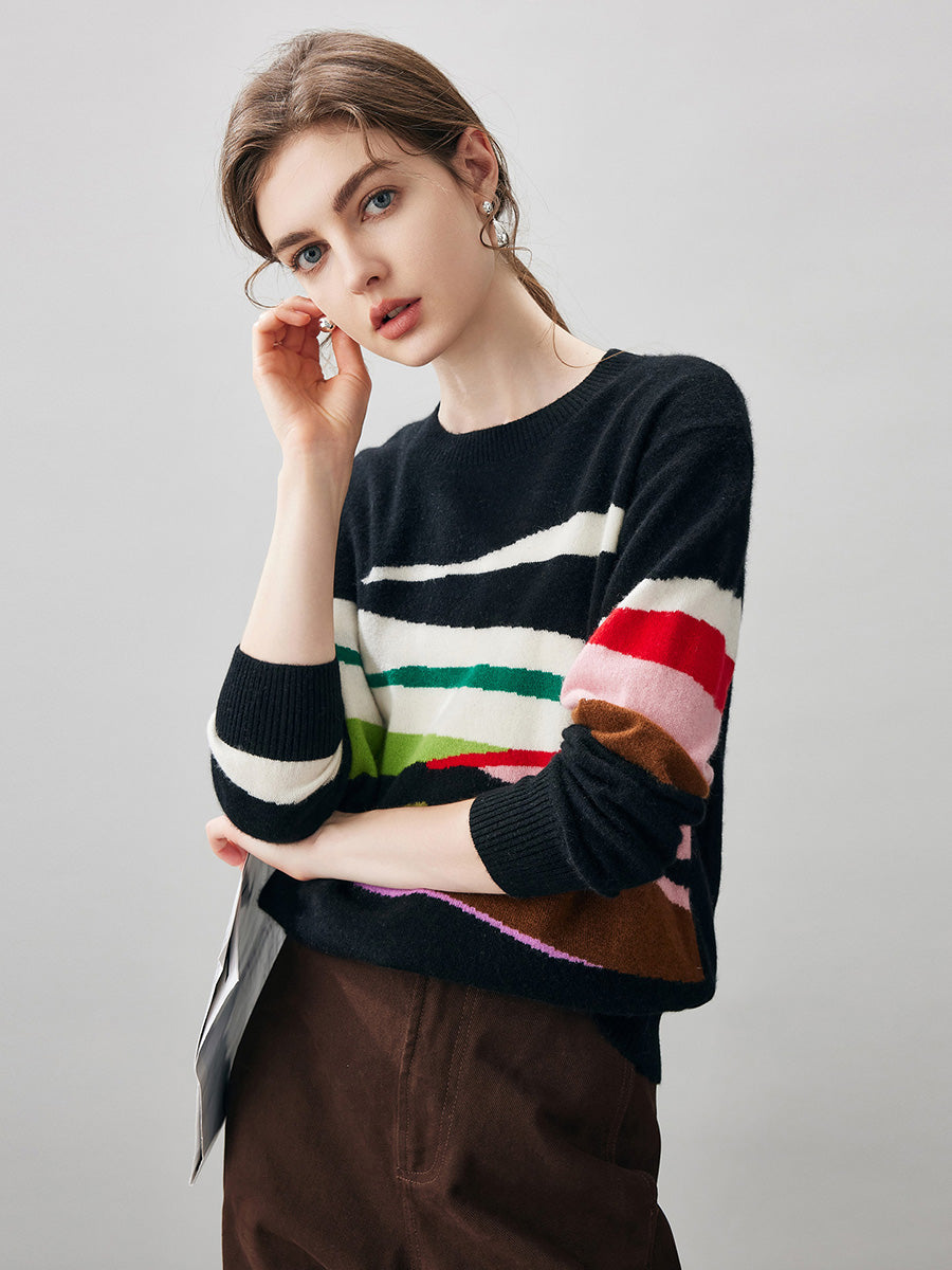 COMOBOCA 100% Cashmere Women's Abstract Pattern Round Neck Sweater