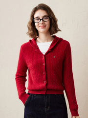 COMOBOCA Red 100% Cashmere Women's Cable Knit Hooded Cardigan
