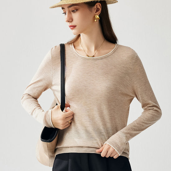 COMOBOCA Beige Women's Rhinestone Detail Crewneck Knit Sweater