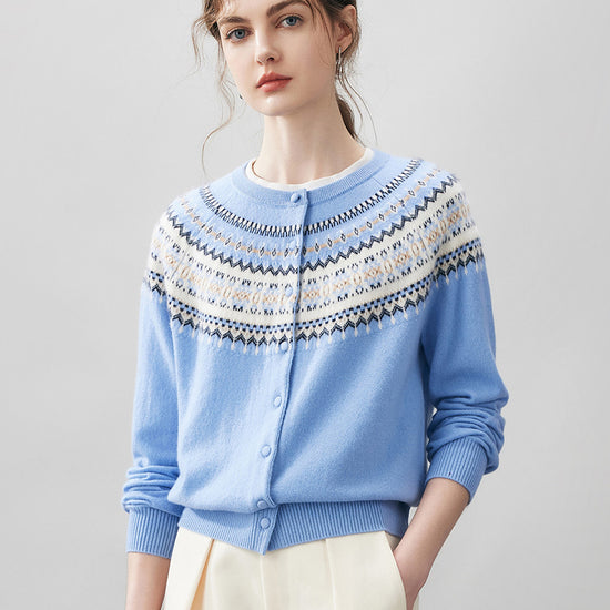 COMOBOCA Light Blue 100% Cashmere Women's Fair Isle Cardigan Sweater