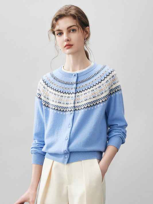 COMOBOCA Light Blue 100% Cashmere Women's Fair Isle Cardigan Sweater