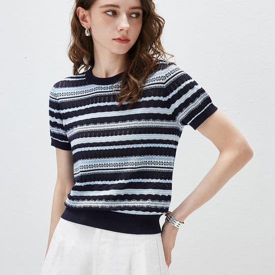 COMOBOCA Women's Mixed Stitch Striped Semi Sheer Knit T-Shirt