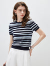 COMOBOCA Women's Mixed Stitch Striped Semi Sheer Knit T-Shirt