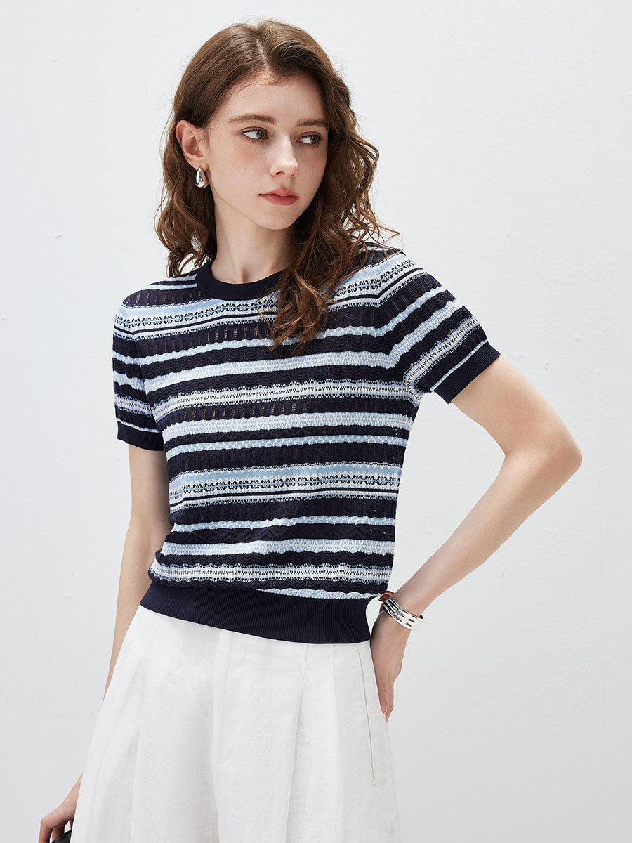 COMOBOCA Women's Mixed Stitch Striped Semi Sheer Knit T-Shirt