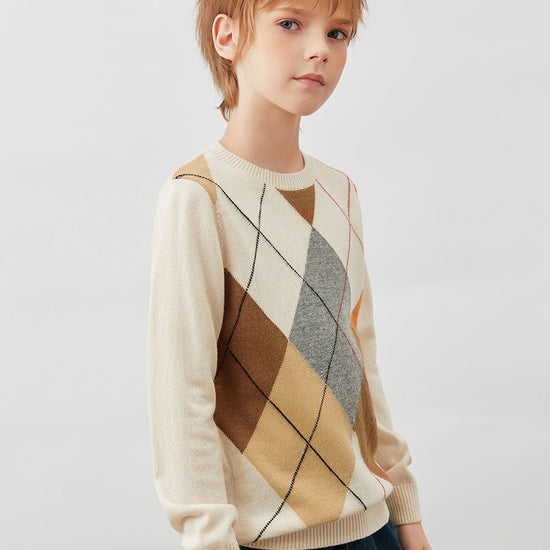 COMOBOCA 100% Wool Kids' Argyle Round Neck Sweater