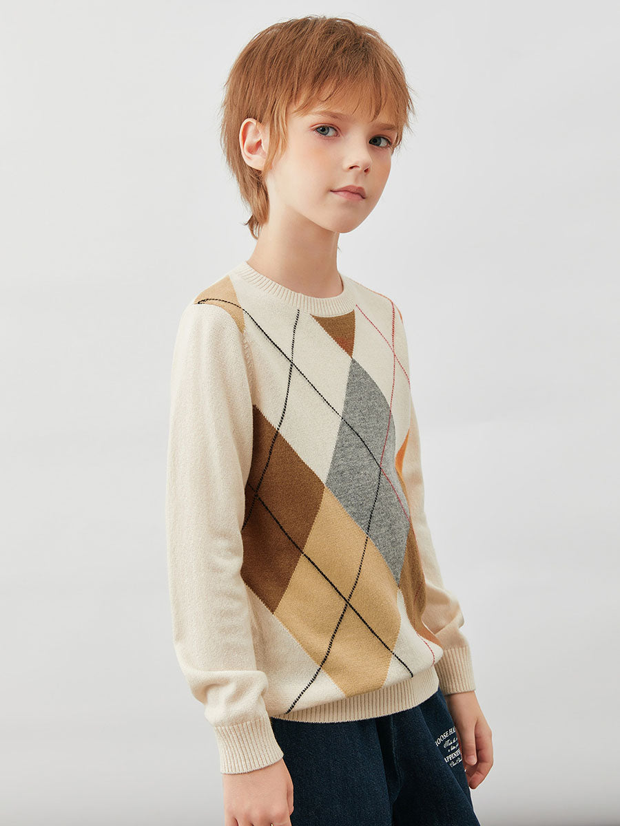 COMOBOCA 100% Wool Kids' Argyle Round Neck Sweater