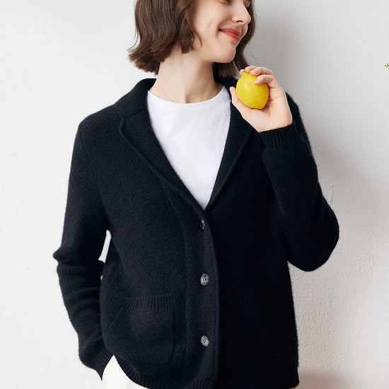 COMOBOCA Black 100% Cashmere Women's Blazer Collar Cardigan