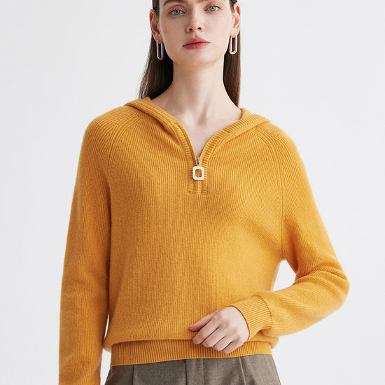 COMOBOCA Yellow 100% Cashmere Women's Ribbed Half Zip Knit Hoodie