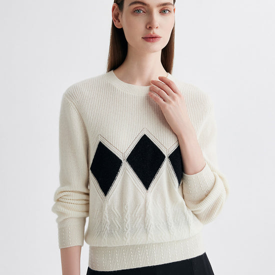 COMOBOCA 100% Cashmere Women's Argyle Patterned Round Neck Sweater