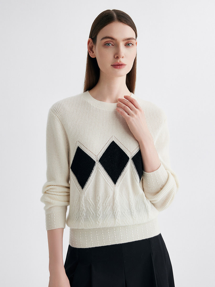COMOBOCA 100% Cashmere Women's Argyle Patterned Round Neck Sweater