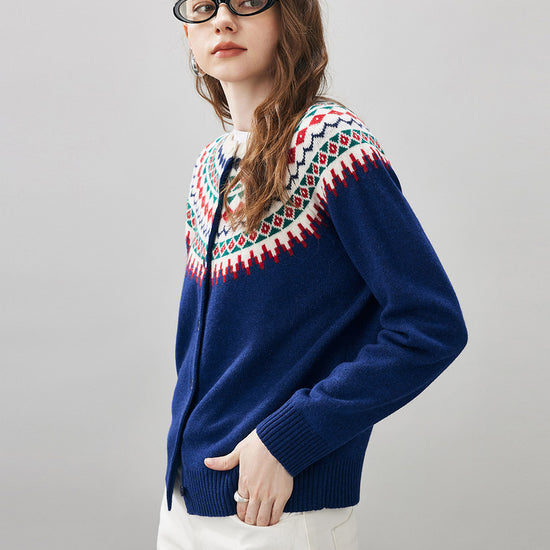 COMOBOCA 100% Wool Women's Fair Isle Inspired Button Down Cardigan