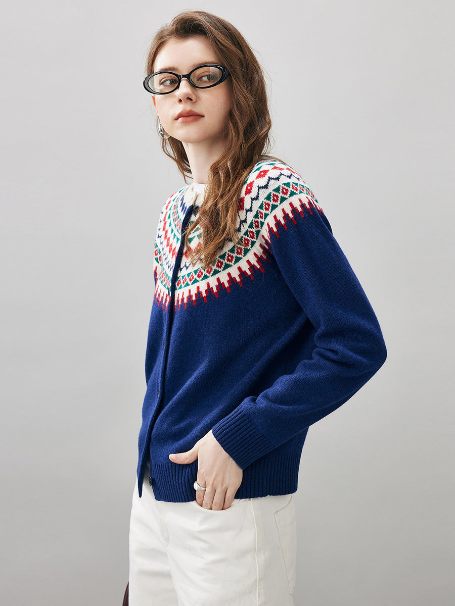 COMOBOCA 100% Wool Women's Fair Isle Inspired Button Down Cardigan