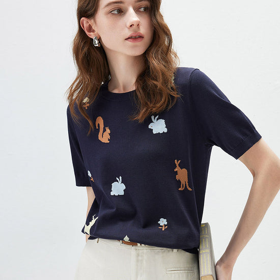 COMOBOCA Women's Forest Animal Intarsia Knit T-Shirt