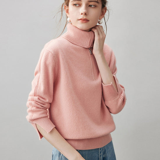 COMOBOCA 100% Cashmere Women's Half Zip Mock Neck Knit Sweater