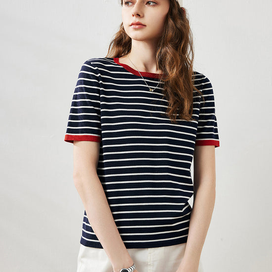 COMOBOCA Women's Striped Ribbed Contrast Trim T-Shirt