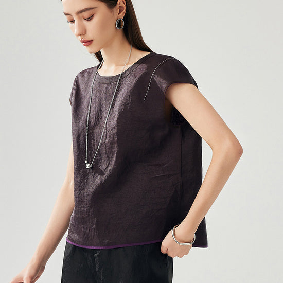 COMOBOCA Purple 100% Mulberry Silk Women's Double Sided T-Shirt