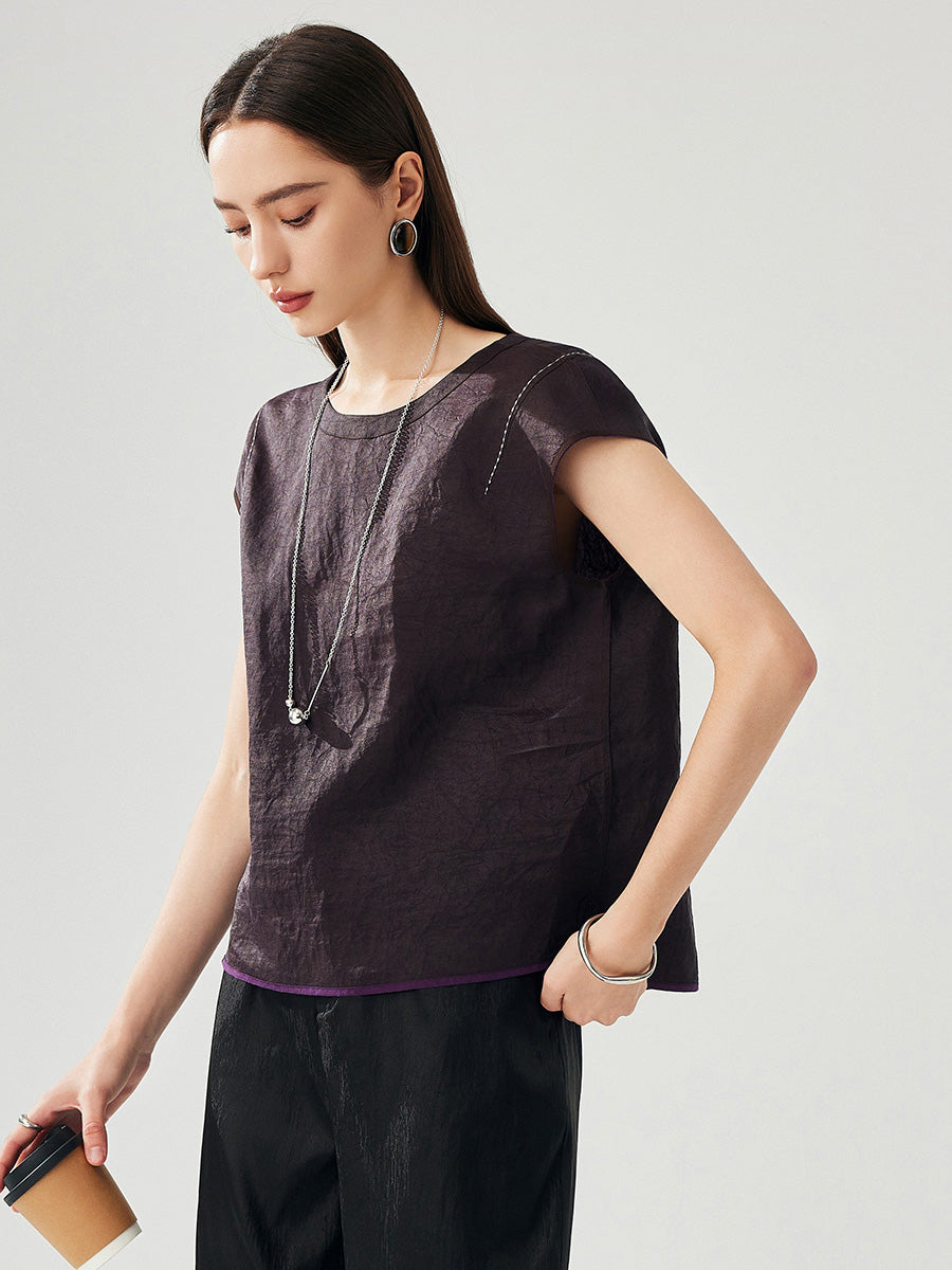 COMOBOCA Purple 100% Mulberry Silk Women's Double Sided T-Shirt