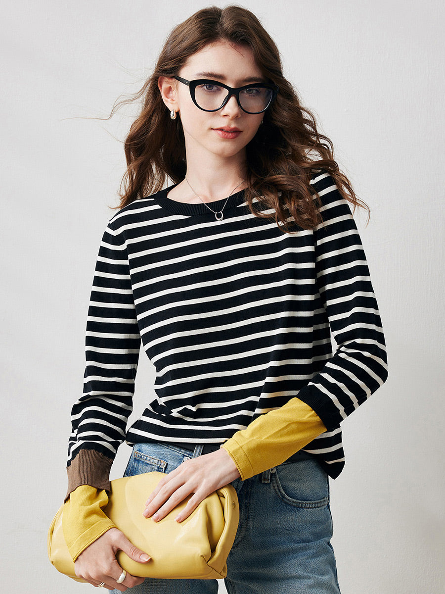 COMOBOCA Black Women's Striped Round Neck T-Shirt Sweater