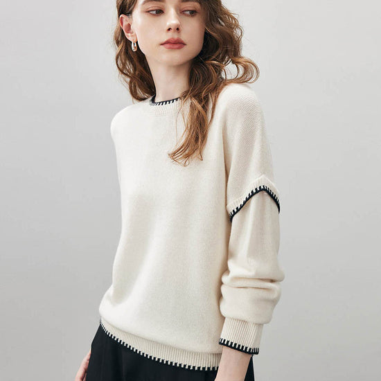 COMOBOCA 100% Wool Women's Contrast Trim Knit Sweater