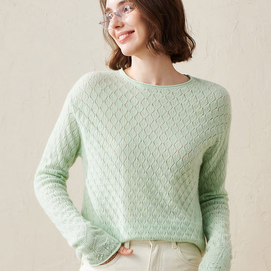 COMOBOCA Green 100% Cashmere Women's Diamond Pattern Pullover Sweater