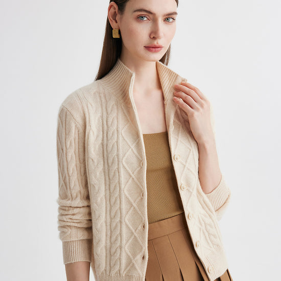 COMOBOCA 100% Cashmere Women's Cable Mock Neck Knit Cardigan