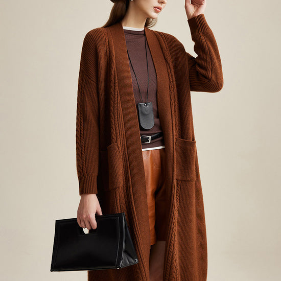 COMOBOCA Coffee 100% Wool Women's Cardigan Long Knit Coats with Pockets