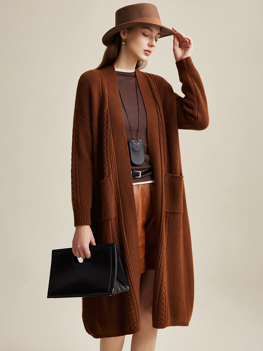 COMOBOCA Coffee 100% Wool Women's Cardigan Long Knit Coats with Pockets