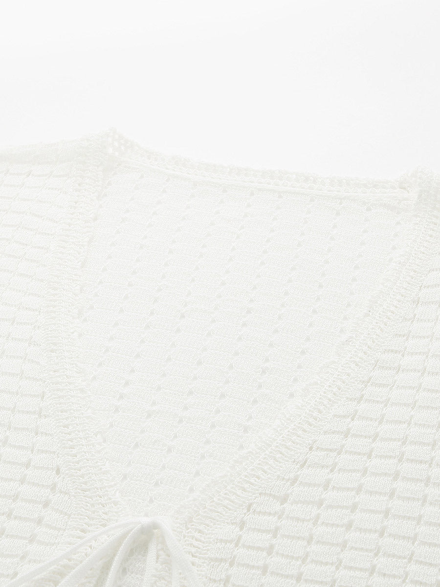 COMOBOCA Women's Linen Crochet Tie Short Sleeve Cardigan