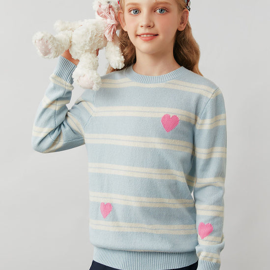COMOBOCA 100% Wool Kids' Striped Heart Round Neck Sweater