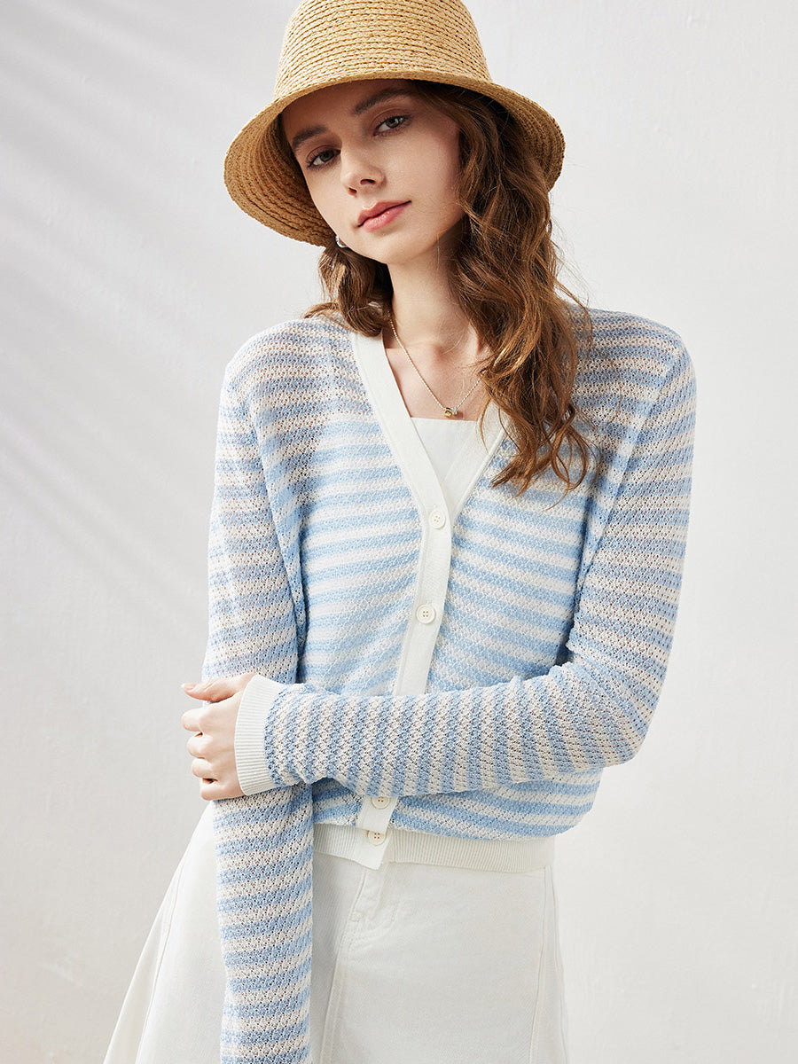 COMOBOCA Women's Striped Ribbed Cardigan
