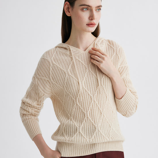 COMOBOCA Beige 100% Cashmere Women's Cable Knit Hoodie
