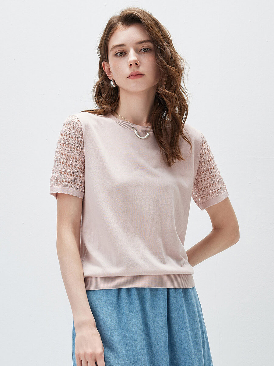 COMOBOCA Light Pink Women's Lace Round Neck Knit T-Shirt