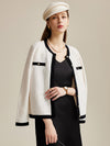 COMOBOCA White 100% Wool Women's Contrast Trim Floral Embroidery Cardigan