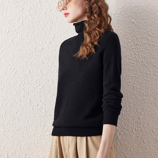 COMOBOCA 100% Wool Women's Ribbed Turtleneck Sweater